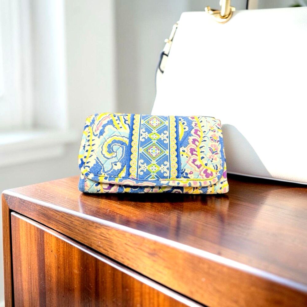 Vera Bradley Blue Yellow Purple Quilted Tri Fold Wallet